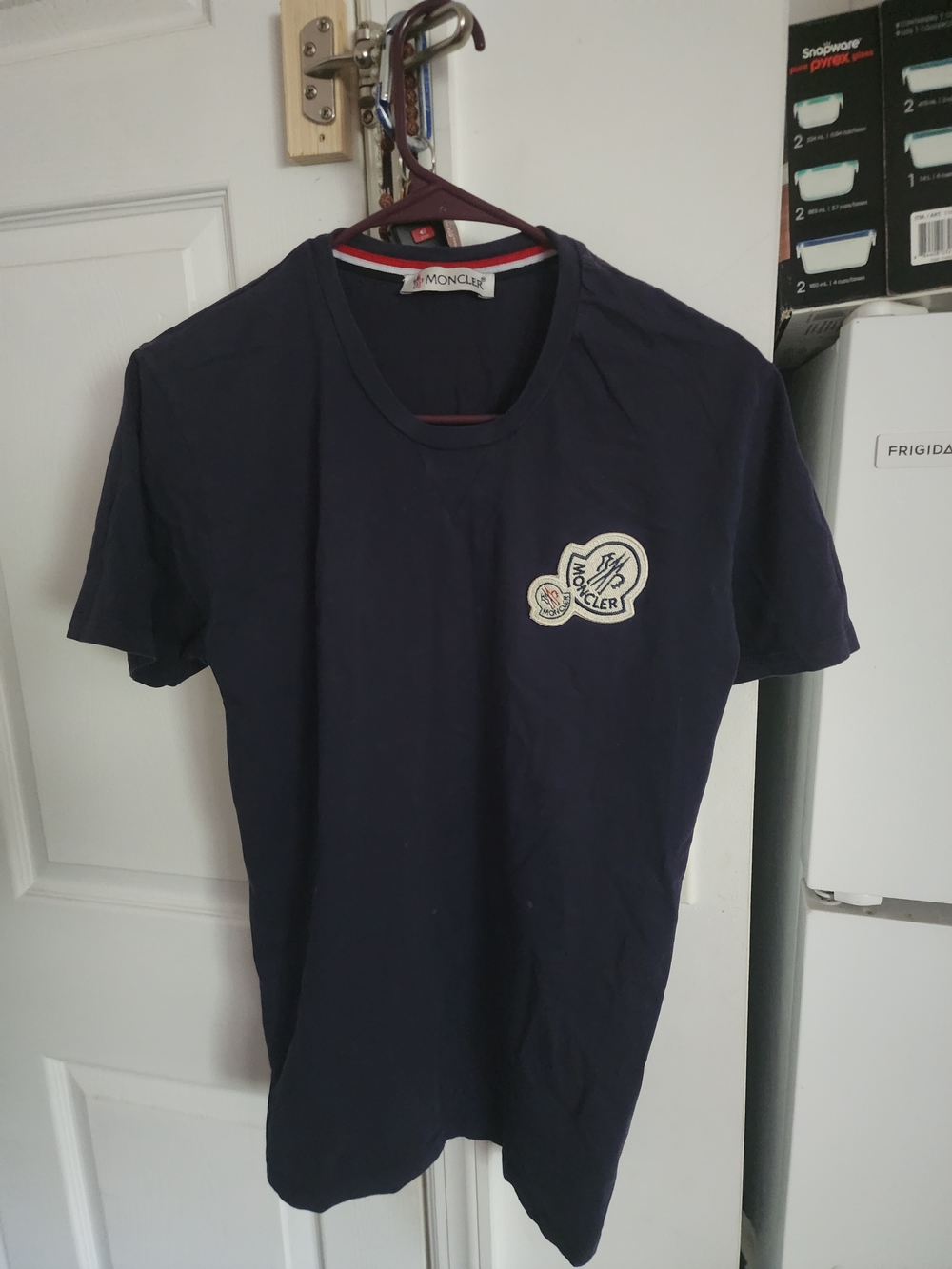 Moncler Navy Blue Short Sleeve Tee with Chest Logo Patch